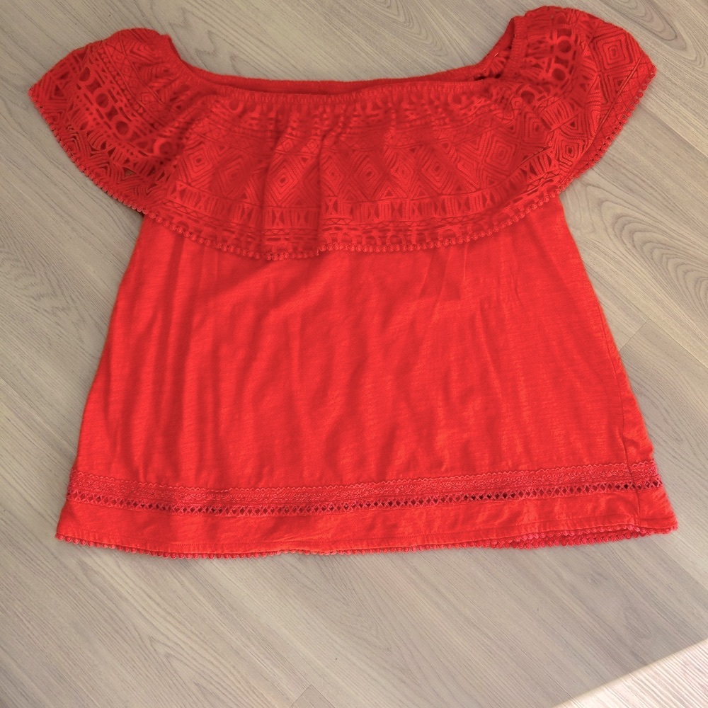 Lane Bryant Off The Shoulder Cotton Top Size 14/16 Coral Crochet Detail Flirty